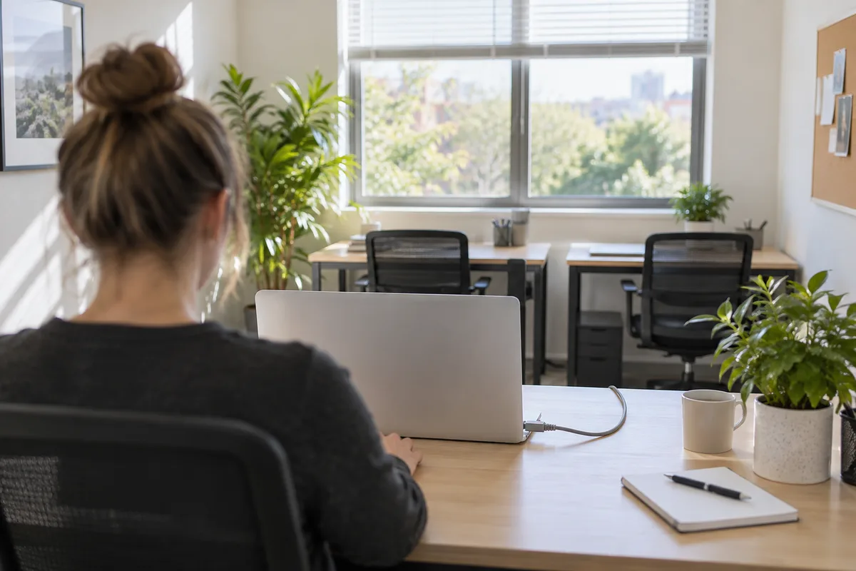 Personne de dos dans un bureau fermé et lumineux, ordinateur portable et câble réseau sur un bureau en bois clair