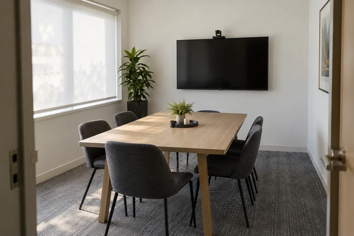 Petite salle de réunion vide avec table en bois clair, chaises grises et grand écran éteint au mur