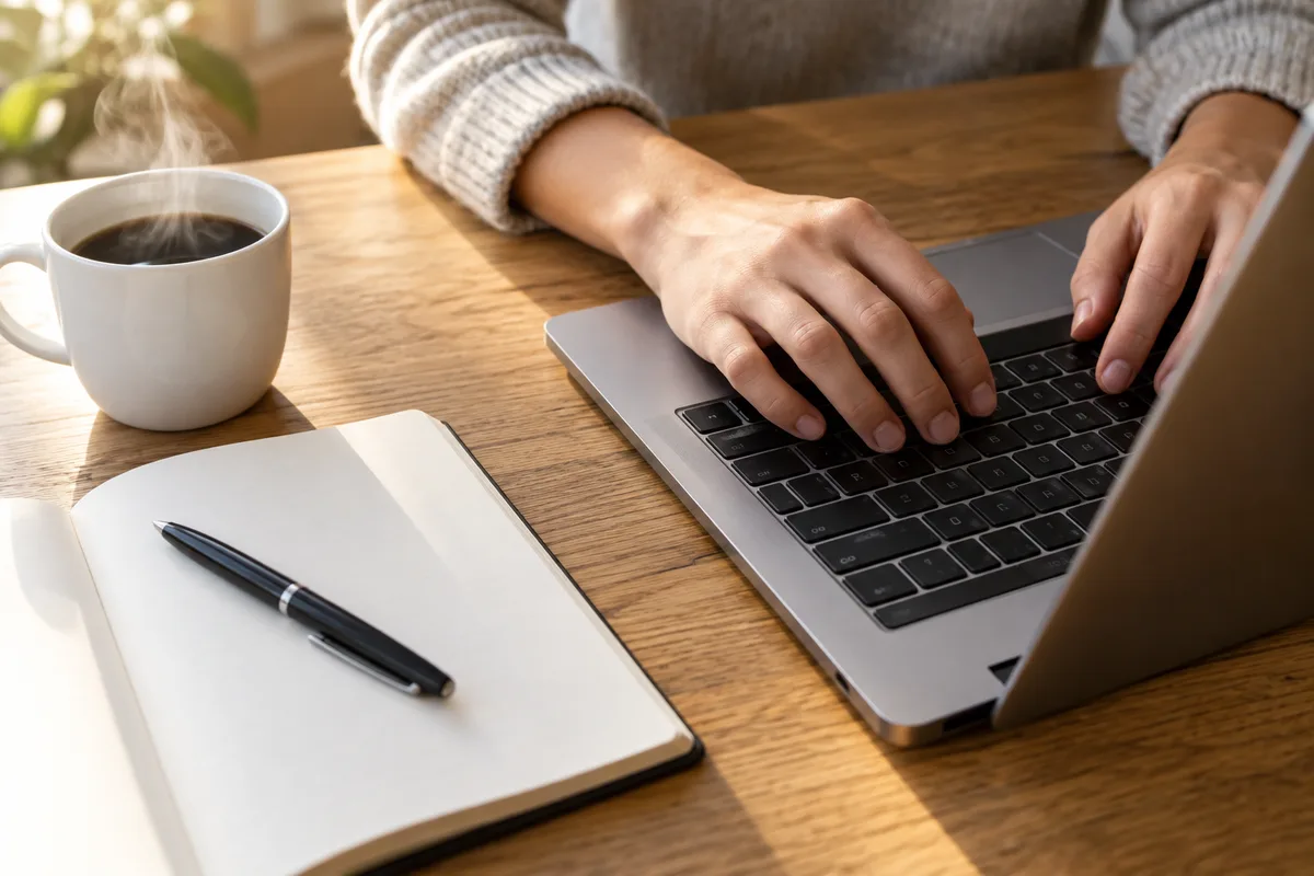 Mains sur le clavier d’un ordinateur portable à côté d’un carnet ouvert et d’une tasse de café