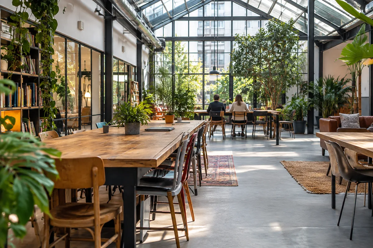 Espace de coworking ouvert avec de longues tables en bois et des plantes vertes