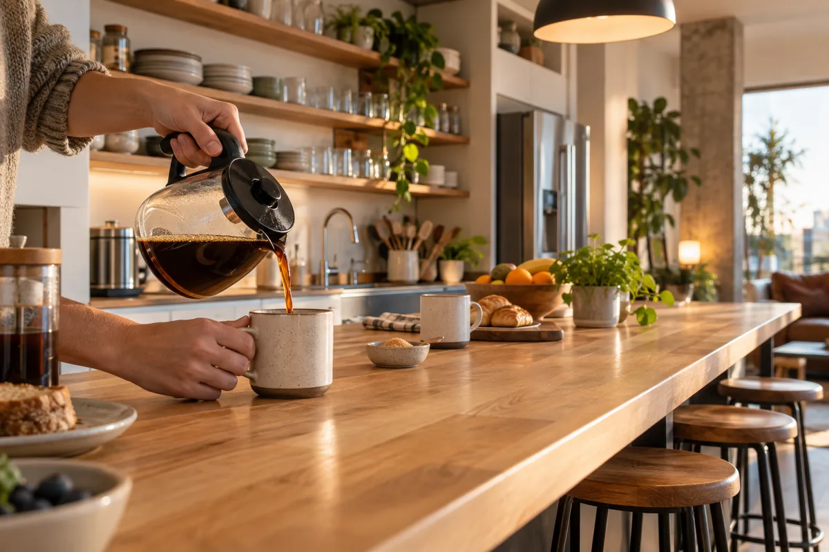 Cuisine partagée d’une résidence de coliving avec plan de travail et tabourets hauts