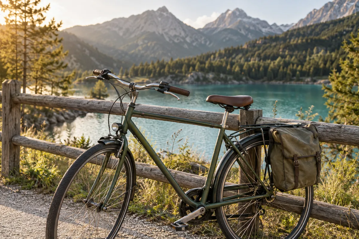 Vélo de ville appuyé contre une barrière en bois au bord d&rsquo;un lac de montagne, en fin d&rsquo;après-midi
