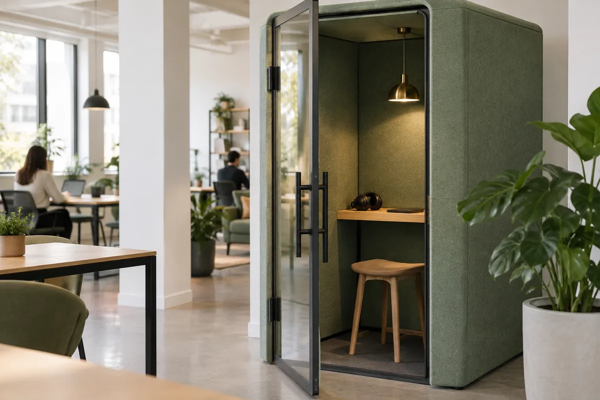 Cabine acoustique feutrée vert sauge avec tablette en chêne et casque audio, au milieu d&rsquo;un plateau de travail partagé