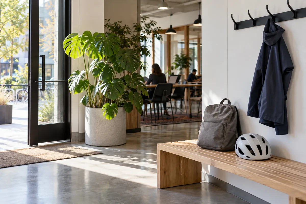Sac à dos et casque de vélo posés sur un banc en bois dans l&rsquo;entrée lumineuse d&rsquo;un espace de coworking