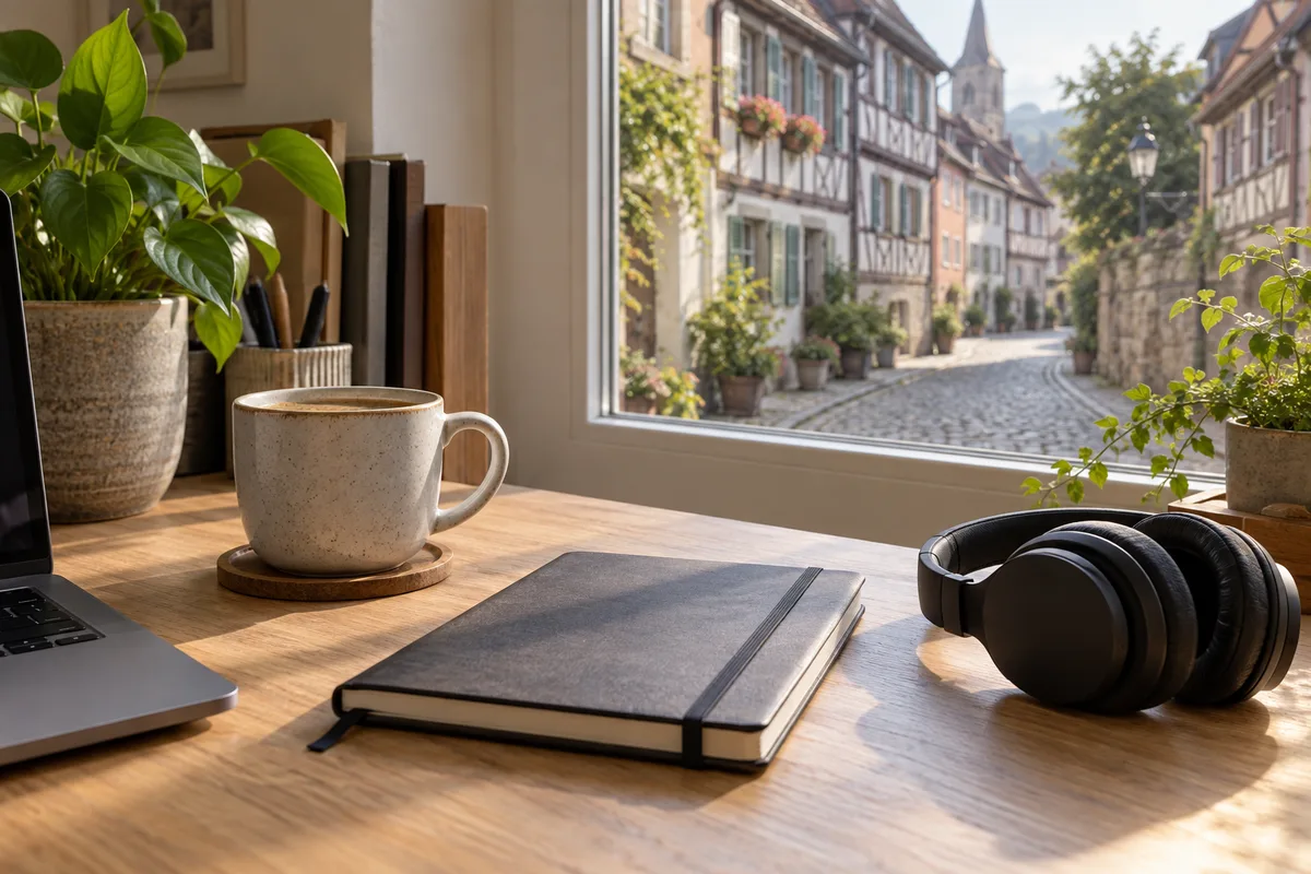 Poste de travail près d’une fenêtre avec carnet fermé, tasse de café et casque audio, vue sur une rue pavée bordée de maisons à colombages