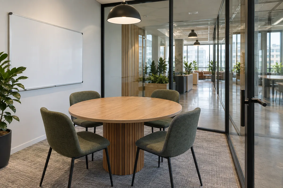 Petite salle de réunion vitrée vide avec table ronde en bois, quatre chaises et tableau blanc vierge