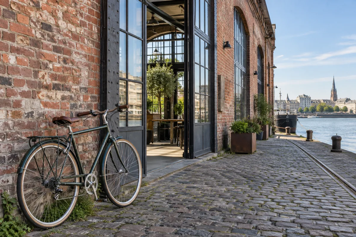 Vélo appuyé contre un mur de brique à l’entrée d’un ancien hangar portuaire reconverti aux grandes verrières, au bord du fleuve